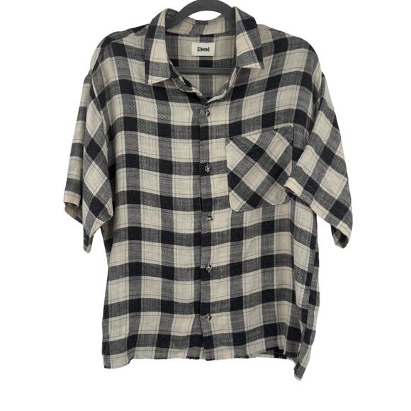 Elwood Mens Riker Plaid Short Sleeve Button Up Shirt Rayon Gray Cream Medium - Picture 2 of 11